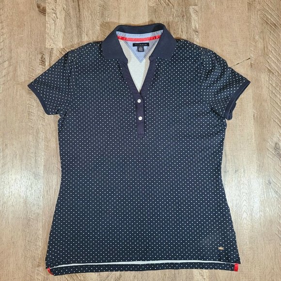 Tommy Hilfiger Tops - Tommy Hilfiger Womens Navy Blue and White Polka Dot Polo Shirt - Size Large